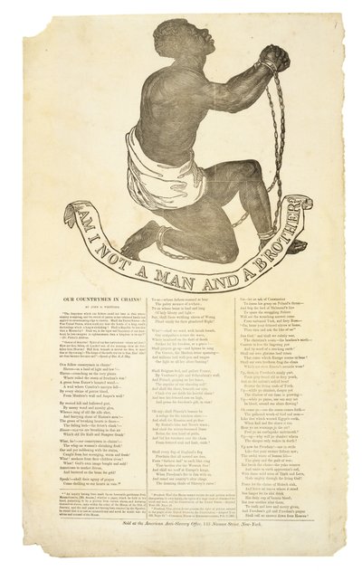 Är jag inte en man och en bror?, c. 1837 (trägravyr på vävt papper) av American School