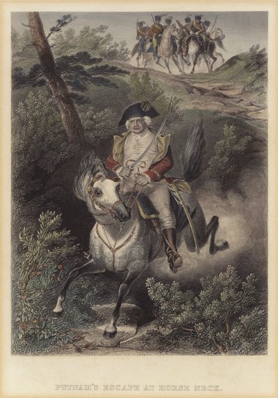 Den amerikanske generalen Israel Putnams flykt från britterna vid Horse Neck, Connecticut, amerikanska frihetskriget av American School