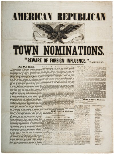 American Republican Town Nominations: Se upp för utländskt inflytande, c.1845 av American School
