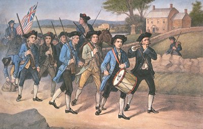 Amerikanska "minute-men" som marscherar mot britterna till kampmusiken från Fife and Drum, pub. av Currier & Ives av American School