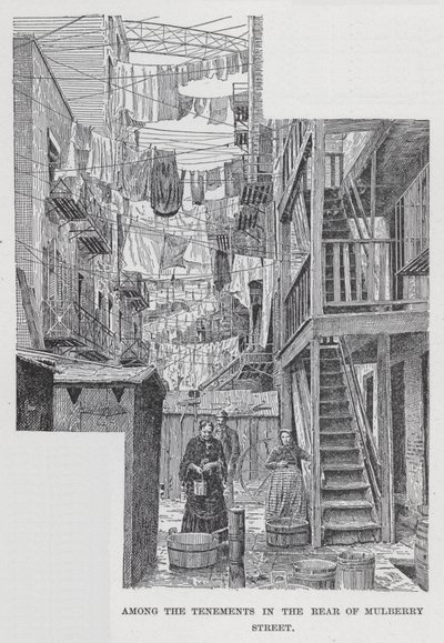 Bland hyreshusen på baksidan av Mulberry Street (litho) av American School