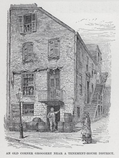 En gammal Corner Groggery nära ett hyreshusdistrikt (litho) av American School
