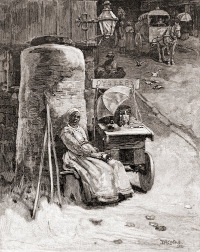 En ostronförsäljare med sin vagn nära Washington Navy Yard, Washington D.C., på 1800-talet, från "The Century Illustrated Monthly Magazine", publicerad 1884 (gravyr) av American School