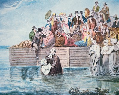 Anabaptister i Philadelphia bevittnar ett fullständigt dop i en flod (färg litho) av American School