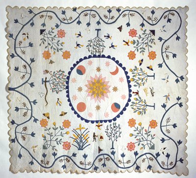 Applikatäcke med Sun, Moon, Stars and the Garden of Eden, från Arkansas, ca 1850-80 (bomull) av American School