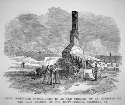 Armékockhus byggt i en gammal skorsten i ett uthus i Lacy herrgård, på Rappahannock, Falmouth, Virginia (gravyr) av American School
