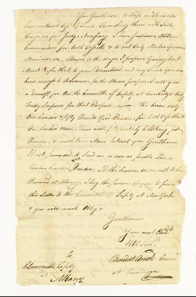 Arnold Benedict (1741-1801) general, kontinental armé, förrädare. Autografbrev undertecknat ("Benedict Arnold Commr. at Ticonderoga") till säkerhetskommittén i Albany, Ticonderoga, 22 maj 1775 (penna och bläck på papper) av American School