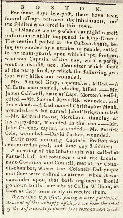 Artikel från Boston Chronicle som beskriver händelserna under Boston-massakern, 5 mars 1770 (tidningspapper) av American School