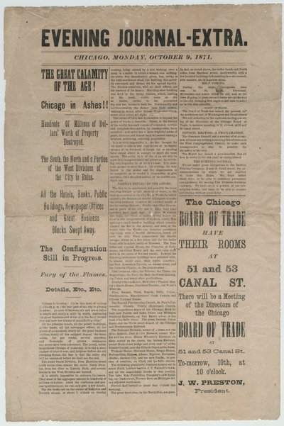 Artikel från Chicago Evening Journal-Extra angående branden i Chicago 1871, 9 oktober 1871 (tidningspapper) av American School