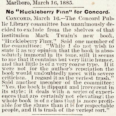 Artikel i Boston Daily Globe om förbudet mot Huckleberry Finn i Concord, Massachusetts, från den 16 mars 1885 (tidningspapper) av American School