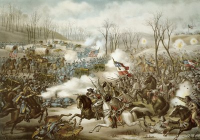 Battle of Pea Ridge, Arkansas, 6-8 mars, graverad av Kurz & Allison (färg litho) av American School