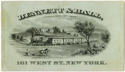 Bennett & Hall handelskort [recto], 1882 (graverad litografi [byteskort]) av American School