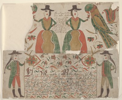 Födelse- och dopbrev för Anna Margräta Willeman, Fraktur Måleri, ca 1810 (penna & bläck med wc på papper) av American School