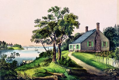George Washingtons födelseplats i Bridges Creek, Westmoreland County, Virginia, 22 februari 1732, publicerad av Currier och Ives av American School