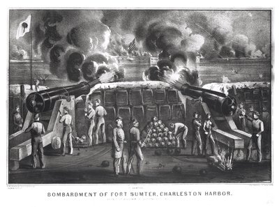 Bombardemang av Fort Sumter, Charlestons hamn från Fort Moultrie, 12 och 13 april 1861, publicerat av Currier and Ives. av American School