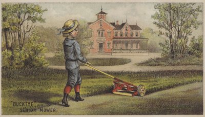Pojke klipper gräs utanför hus på landet (chromolitho) av American School