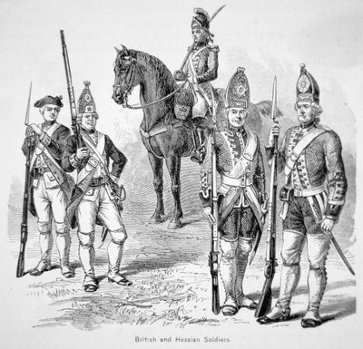 Brittisk och hessisk soldat, under det amerikanska revolutionskriget (gravyr) av American School