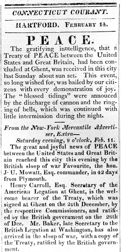 Bredsida som tillkännager fred mellan USA och Storbritannien efter kriget 1812, tryckt i Connecticut Courant, 1815 (tryck) av American School