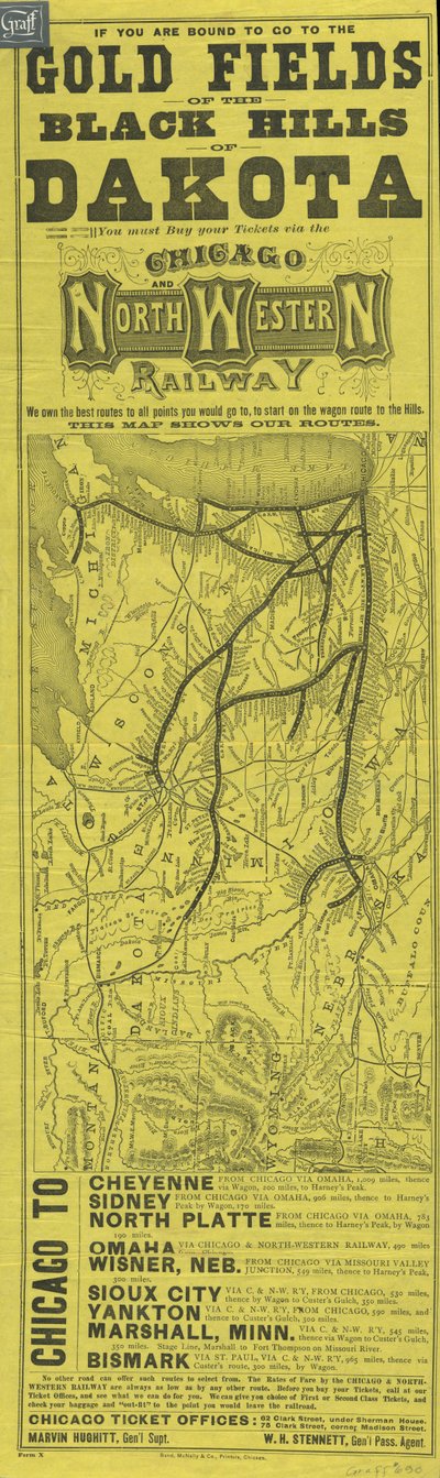 Broadside för Chicago och North Western Railway, tryckt av Rand McNally, c.1870 av American School