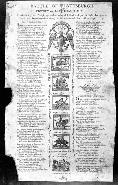 Broadside från kriget 1812, med slaget vid Plattsburgh och Victory on Lake Champlain (tryck) av American School