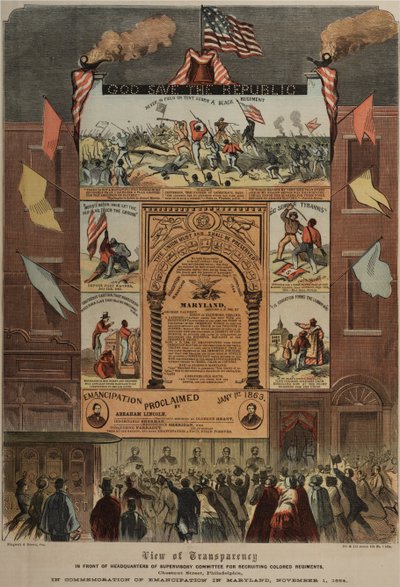 Bredsida angående rekrytering av afroamerikaner och firande av frigörelse i Maryland, Ringwalt & Brown (fl.1863-1865), ca 1 november 1864 (se även GLC 696014, 696016 & 696017) av American School