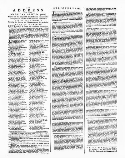Bredsida med en adress till den amerikanska armén, Salem, 1775 (tryck) av American School