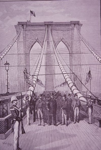 Brooklyn Bridge, president Arthur vid öppningsceremonin den 24 maj 1883 (gravyr) av American School