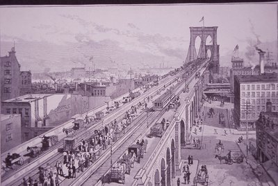 Brooklyn Bridge strax efter öppningsceremonin, publicerad 26 maj 1883 (gravyr) av American School