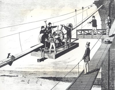 Brooklyn Bridge under konstruktion 1876, flätning av upphängningskablarna (gravyr) av American School