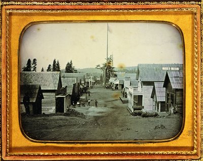 California Gold Mining Town, ca 1852 (halvplåtsdaguerreotypi, präglat läderfodral) av American School