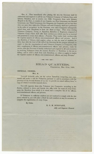 Uppmaning till frivilliga under General Order No.4, 27 december 1860 av American School