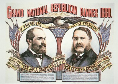 Kampanjaffisch för presidentkandidaten James A. Garfield (1831-81) och vicepresidentkandidat, Chester A. Arthur (1829-86) 1880 (lito i färg) av American School