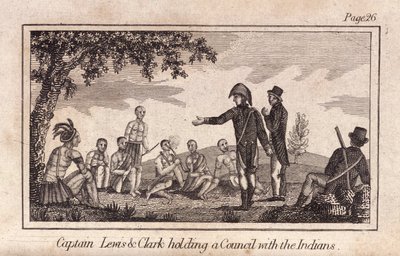 Kapten Lewis & Clarke håller ett råd med indianerna, pub. 1812 (gravyr) av American School