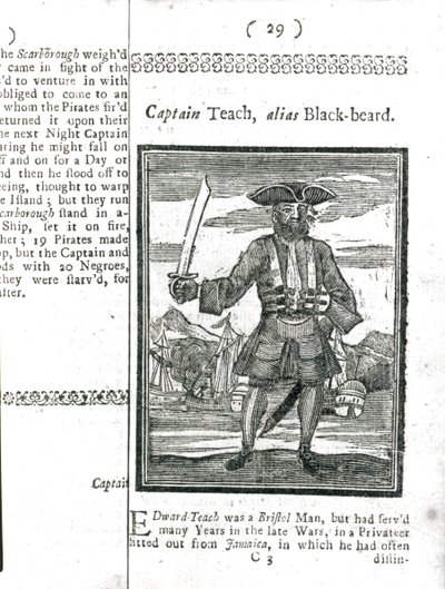 Captain Teach, Alias Black Beard, från History and Lives of All the Most Notorious Pirates and their Crews, London, 1725 av American School