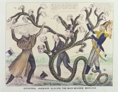 Karikatyr av general Jackson (1767-1845) Slaying the Many Headed Monster, publicerad av H.R. Robinson, ca 1836 (penna & bläck, penna & wc på papper) av American School