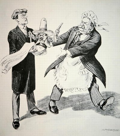 Tecknad serie som föreställer president William H. Taft (1857-1930) som överlämnar den problematiska "Mexikanska situationen" till sin efterträdare president Woodrow Wilson (1856-1924) 1913 (litho) av American School