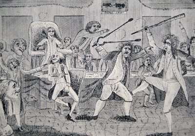 Tecknad serie som visar "kampen på kongressens golv mellan republikanen Matthew Lyon och federalisten Roger Griswold" av American School