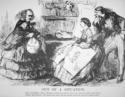 Tecknad film i Vanity Fair Magazine som satirerar det amerikanska folkets förkastande av James Buchanan (1791-1868), 7 april av American School