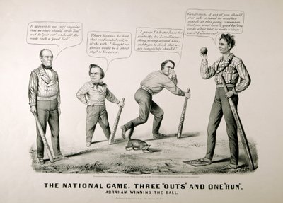 Tecknad serie som visar Abraham Lincoln (1809-65) vinna bollen mot sina motståndare Douglas, Bell och Breckenridge i presidentvalet 1860, 1860 av American School