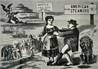 Tecknad serie som visar John Bull som försöker stoppa det ökande flödet av arbetare till USA, ca 1850 (gravyr) av American School