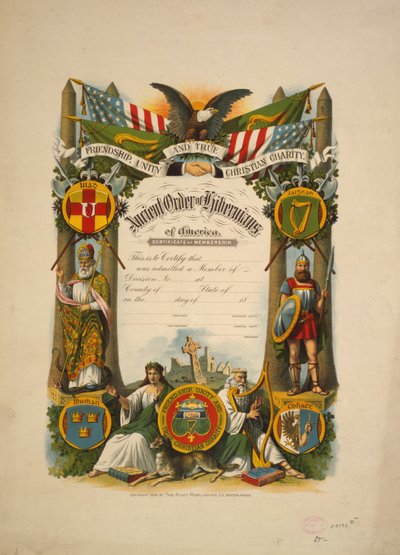 Intyg om medlemskap i Ancient Order of Hibernians of America, c.1894 (färglitografi) av American School