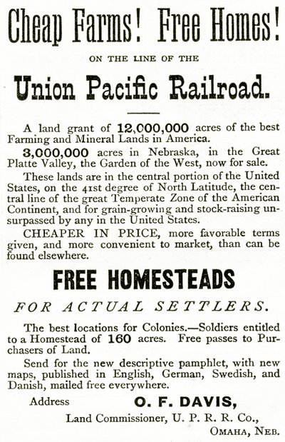 Cheap Farms and Free Homes on the Union Pacific Railroad line, annons från Appletons Journal, 4 maj 1872 av American School