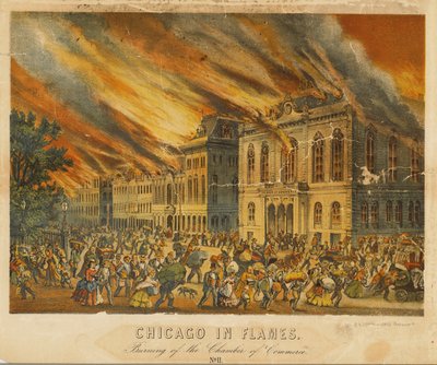 Chicago in Flames: Burning of the Chamber of Commerce (färg litho) av American School