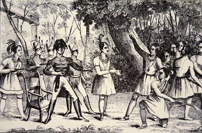 Chef Tecumseh (1768-1813) trotsar general Harrison (1773-1841) (gravyr) av American School