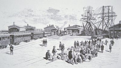 Kinesiska immigranter eller "coolies" som anlände till San Francisco för att arbeta på den transkontinentala järnvägen under 1860-talet (litho) av American School