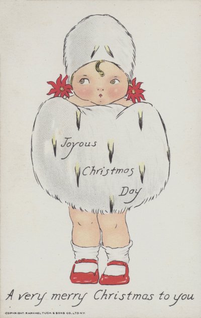 Julkort föreställande ett barn med en julig pälsmuff och mössa. (chromolitho) av American School