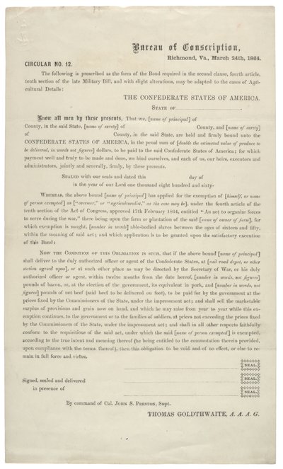 Cirkulär nr. 12, en tom ansökan om befrielse från tjänst i den konfedererade armén, 24 mars 1864 av American School