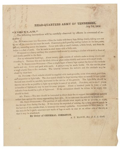 Cirkulär om konstruktion och befästning av skansar som används av Army of Tennessee, 7 juli 1864 av American School