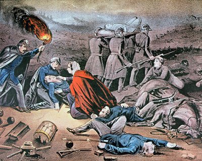 Clara Barton vårdar skadad under det amerikanska inbördeskriget (färg litho) av American School
