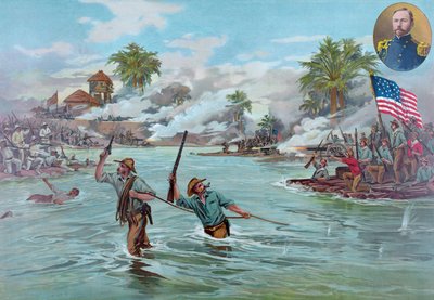 Överste A.S. Funston och 20:e Kansas volontärer som korsar floden vid Calumpit, 26 april 1899, pub. 1899 (färgade medlemmar) av American School
